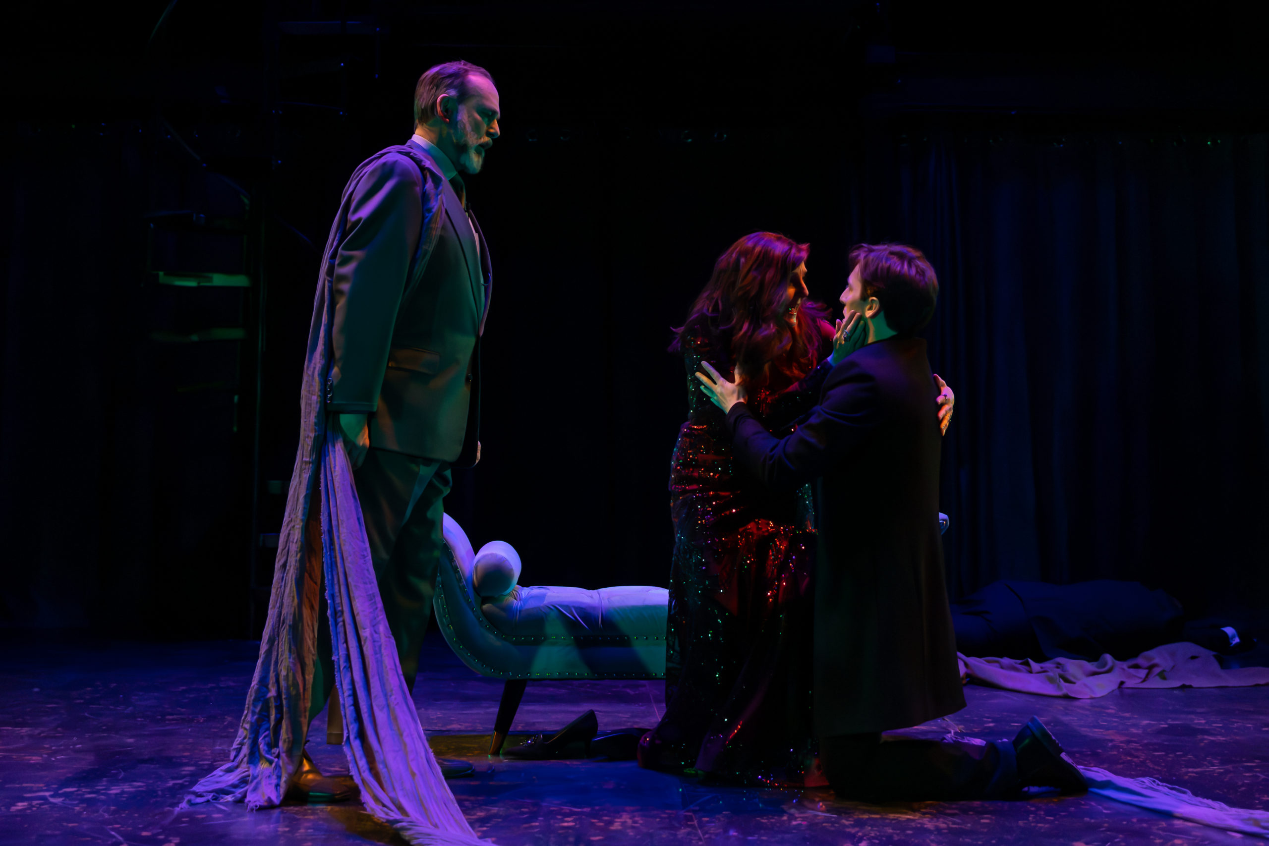 David Yezzi (Ghost of Hamlet's Father), Lesley Malin (Gertrude), and Vince Eisenon (Hamlet) in HAMLET. Photo by Kiistn Pagan Photography.
