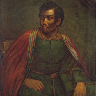 <div class="ira-title"><i>Ira Aldridge as Othello</i></div>
<div class="ira-detail">Henry Perronet Briggs (English, ca. 1791–1844)</div>
<div class="ira-detail">ca. 1830</div>
<div class="ira-detail">oil on canvas, 50<sup>1</sup>⁄<sub>2</sub> × 40<sup>3</sup>⁄<sub>4</sub> in.</div>
<div class="ira-detail"><a href="http://npg.si.edu/" target="_blank" rel="noopener noreferrer">National Portrait Gallery, Smithsonian Institution</a></div>
<div class="ira-reference"><a href="http://npg.si.edu/object/npg_NPG.72.73" target="_blank" rel="noopener noreferrer">NPG.72.73</a></div>
<div class="ira-comment">This portrait now hangs in the National Portrait Gallery in Washington, D.C., along with portraits of U.S. Presidents, Supreme Court justices, and cultural luminaries like Louis Armstrong, Maya Angelou, and Michael Jackson. Paintings of celebrity actors “in character” and in costume were very popular among the wealthy in the early 1800s. Less wealthy fans could purchase prints, and illustrations of famous actors were featured at the front of printed scripts. Art historians are uncertain if Aldridge “sat” for Briggs, or if Briggs painted this portrait from memory. </div>
<a href="https://www.chesapeakeshakespeare.com/ira/exhibit/ira-img-06" target="_blank" rel="noopener noreferrer"><div class="ira-osdlink"><img src="https://www.chesapeakeshakespeare.com/wp-content/uploads/openseadragon-small.png" style="width:32px;height:32px;">Zoom</div></a>
