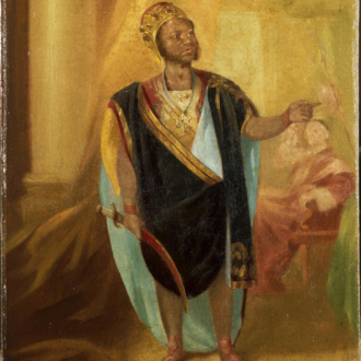 <div class="ira-title"><i>Ira Aldridge as Othello in ‘Othello’ by William Shakespeare</i></div>
<div class="ira-detail">artist unknown</div>
<div class="ira-detail">ca. 1848</div>
<div class="ira-detail">oil on canvas, 16<sup>7</sup>⁄<sub>8</sub> </a>× 13<sup>1</sup>⁄<sub>2</sub> in.</div>
<div class="ira-detail"><a href="https://www.vam.ac.uk/" target="_blank" rel="noopener noreferrer">Victoria and Albert Museum, London</a></div>
<div class="ira-reference"><a href="http://collections.vam.ac.uk/item/O85046/ira-aldridge-as-othello-in-painting-unknown/" target="_blank" rel="noopener noreferrer">S.1129-1986</a></div>
<div class="ira-comment">This small painting was made in England around 1848 by an anonymous artist. It again shows Aldridge in costume, probably for the role of Othello, and is in the permanent collection at the Victoria and Albert Museum, named after England’s nineteenth-century Queen who was herself an avid theatre-goer. Aldridge became a naturalized English citizen and subject of Queen Victoria in 1863.</div>
<a href="https://www.chesapeakeshakespeare.com/ira/exhibit/ira-img-07" target="_blank" rel="noopener noreferrer"><div class="ira-osdlink"><img src="https://www.chesapeakeshakespeare.com/wp-content/uploads/openseadragon-small.png" style="width:32px;height:32px;">Zoom</div></a>