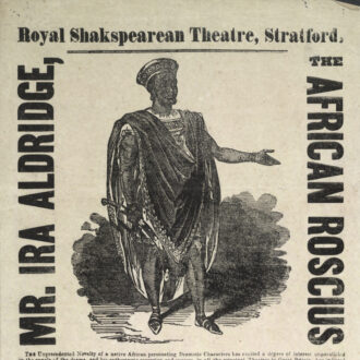 <div class="ira-title">Playbill, Royal Shakespearean Theatre, Stratford, April 28, 1851</div>
<div class="ira-detail"><a href="https://www.rsc.org.uk/" target="_blank" rel="noopener noreferrer">Royal Shakespeare Company, Stratford-upon-Avon</a></div>
<div class="ira-comment">Aldridge’s main success as an actor came in touring towns outside London. On April 28, 1851, he performed at the Royal Shakespeare Theatre in Shakespeare’s birthplace of Stratford-upon-Avon. This playbill includes a biography that blends fact and fiction: tales that his grandfather was a Senegalese emperor overthrown in a mutinous uprising appear to be sensational fiction put forward by Aldridge himself. It was common practice for actors to invent elaborate life stories to make themselves seem more interesting—and to sell more tickets—to theatre-goers.</div>
<a href="https://www.chesapeakeshakespeare.com/ira/exhibit/ira-img-08" target="_blank" rel="noopener noreferrer"><div class="ira-osdlink"><img src="https://www.chesapeakeshakespeare.com/wp-content/uploads/openseadragon-small.png" style="width:32px;height:32px;">Zoom</div></a>