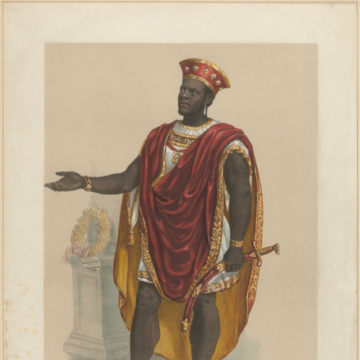 <div class="ira-title"><i>Ira Aldridge as Othello</i></div>
<div class="ira-detail">lithograph by S. Bühler, Mannheim, Germany, from a photograph by J. Chailloux</div>
<div class="ira-detail">1854</div>
<div class="ira-detail">12 × 9<sup>1</sup>⁄<sub>2</sub> in.; hand-colored</div>
<div class="ira-detail"><a href="http://www.hcl.harvard.edu/libraries/houghton/collections/htc/" target="_blank" rel="noopener noreferrer">Harvard Theatre Collection, Houghton Library, Harvard University</a></div>
<div class="ira-reference"><a href="http://id.lib.harvard.edu/aleph/012943422/catalog" target="_blank" rel="noopener noreferrer">TCS 43</a></div>
<div class="ira-comment">This fine example of a print has been hand-colored to give it a more life-like appearance and shows another version of Aldridge’s signature Othello costume. Note Aldridge’s autograph, addressed to Herr Weber, “with the kindest regards of Ira Aldridge.” Aldridge counted among his admirers many people from what are present-day Germany, Poland, and Russia, where he toured extensively. When he performed in these countries, he typically delivered his lines in English while fellow cast members performed in their own languages.</div>
<a href="https://www.chesapeakeshakespeare.com/ira/exhibit/ira-img-09a" target="_blank" rel="noopener noreferrer"><div class="ira-osdlink"><img src="https://www.chesapeakeshakespeare.com/wp-content/uploads/openseadragon-small.png" style="width:32px;height:32px;"></div></a>