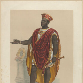 <div class="ira-title"><i>Ira Aldridge as Othello</i></div>
<div class="ira-detail">lithograph by S. Bühler, Mannheim, Germany, from a photograph by J. Chailloux</div>
<div class="ira-detail">1854</div>
<div class="ira-detail">12 × 9<sup>1</sup>⁄<sub>2</sub> in.; hand-colored</div>
<div class="ira-detail"><a href="http://www.hcl.harvard.edu/libraries/houghton/collections/htc/" target="_blank" rel="noopener noreferrer">Harvard Theatre Collection, Houghton Library, Harvard University</a></div>
<div class="ira-reference"><a href="http://id.lib.harvard.edu/aleph/012943422/catalog" target="_blank" rel="noopener noreferrer">TCS 43</a></div>
<div class="ira-comment">This fine example of a print has been hand-colored to give it a more life-like appearance and shows another version of Aldridge’s signature Othello costume. Note Aldridge’s autograph, addressed to Herr Weber, “with the kindest regards of Ira Aldridge.” Aldridge counted among his admirers many people from what are present-day Germany, Poland, and Russia, where he toured extensively. When he performed in these countries, he typically delivered his lines in English while fellow cast members performed in their own languages.</div>
<a href="https://www.chesapeakeshakespeare.com/ira/exhibit/ira-img-09a" target="_blank" rel="noopener noreferrer"><div class="ira-osdlink"><img src="https://www.chesapeakeshakespeare.com/wp-content/uploads/openseadragon-small.png" style="width:32px;height:32px;">Zoom</div></a>