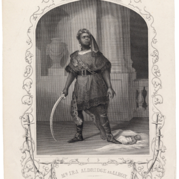 <div class="ira-title"><i>Mr. Ira Aldridge as Aaron</i></div>
<div class="ira-detail">engraving from a daguerreotype by Paine of Islington</div>
<div class="ira-detail">ca. 1852/53</div>
<div class="ira-detail">10 × 6<sup>1</sup>⁄<sub>4</sub> in.</br>
London: London Printing and Publishing Company</div>
<div class="ira-detail"><a href="https://www.folger.edu/" target="_blank" rel="noopener noreferrer">Folger Shakespeare Library, Washington, D.C.</a></div>
<div class="ira-reference"><a href="https://luna.folger.edu/luna/servlet/detail/FOLGERCM1~6~6~36332~102633" target="_blank" rel="noopener noreferrer">ART File A365.5 no.1 copy 2</a></div>
<div class="ira-comment">In addition to Othello, Aldridge famously played another “black” Shakespeare character, Aaron the Moor from <i>Titus Andronicus</i>. In Shakespeare’s original text, Aaron is a villain: one of Titus’s enemies, the secret lover of Queen Tamora, and a liar directly responsible for several deaths in the play. Aldridge re-wrote large sections of <i>Titus Andronicus</i> to make Aaron a heroic, noble character. Famous eighteenth- and nineteenth-century actors and directors frequently adapted Shakespeare’s work. (White British actor/manager David Garrick re-wrote <i>The Taming of the Shrew</i> to assign all Kate’s best lines to himself, and Nahum Tate gave the tragedy of <i>King Lear</i> a happy ending.) None of these, however, tried to reclaim and humanize the character of the outsider, the minority, or the “exotic other” the way Aldridge’s adaptation choices did.</div>
<a href="https://www.chesapeakeshakespeare.com/ira/exhibit/ira-img-10" target="_blank" rel="noopener noreferrer"><div class="ira-osdlink"><img src="https://www.chesapeakeshakespeare.com/wp-content/uploads/openseadragon-small.png" style="width:32px;height:32px;"></div></a>