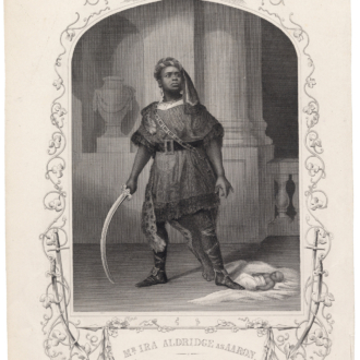 <div class="ira-title"><i>Mr. Ira Aldridge as Aaron</i></div>
<div class="ira-detail">engraving from a daguerreotype by Paine of Islington</div>
<div class="ira-detail">ca. 1852/53</div>
<div class="ira-detail">10 × 6<sup>1</sup>⁄<sub>4</sub> in.</br>
London: London Printing and Publishing Company</div>
<div class="ira-detail"><a href="https://www.folger.edu/" target="_blank" rel="noopener noreferrer">Folger Shakespeare Library, Washington, D.C.</a></div>
<div class="ira-reference"><a href="https://luna.folger.edu/luna/servlet/detail/FOLGERCM1~6~6~36332~102633" target="_blank" rel="noopener noreferrer">ART File A365.5 no.1 copy 2</a></div>
<div class="ira-comment">In addition to Othello, Aldridge famously played another “black” Shakespeare character, Aaron the Moor from <i>Titus Andronicus</i>. In Shakespeare’s original text, Aaron is a villain: one of Titus’s enemies, the secret lover of Queen Tamora, and a liar directly responsible for several deaths in the play. Aldridge re-wrote large sections of <i>Titus Andronicus</i> to make Aaron a heroic, noble character. Famous eighteenth- and nineteenth-century actors and directors frequently adapted Shakespeare’s work. (White British actor/manager David Garrick re-wrote <i>The Taming of the Shrew</i> to assign all Kate’s best lines to himself, and Nahum Tate gave the tragedy of <i>King Lear</i> a happy ending.) None of these, however, tried to reclaim and humanize the character of the outsider, the minority, or the “exotic other” the way Aldridge’s adaptation choices did.</div>
<a href="https://www.chesapeakeshakespeare.com/ira/exhibit/ira-img-10" target="_blank" rel="noopener noreferrer"><div class="ira-osdlink"><img src="https://www.chesapeakeshakespeare.com/wp-content/uploads/openseadragon-small.png" style="width:32px;height:32px;">Zoom</div></a>