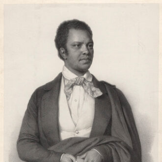 <div class="ira-title"><i>Ira Frederick Aldridge</i></div>
<div class="ira-detail">lithograph by Nicolas Barabas</div>
<div class="ira-detail">1853</div>
<div class="ira-detail">17<sup>3</sup>⁄<sub>8</sub> × 11<sup>1</sup>⁄<sub>2</sub> in.</div>
<div class="ira-detail"><a href="https://www.npg.org.uk/" target="_blank" rel="noopener noreferrer">National Portrait Gallery, London</a></div>
<div class="ira-reference"><a href="https://www.npg.org.uk/collections/search/portrait/mw41254/" target="_blank" rel="noopener noreferrer">NPG D7311</a></div>
<div class="ira-comment">Here, Aldridge does not appear “in character” but instead holds a book, a long-time symbol that the subject in the portrait was well-educated and intellectual. As Aldridge received international recognition and honors, printers updated earlier illustrations to showcase his awards. A later version of this illustration titled “Ira Aldridge, African Tragedian” is almost identical but shows the addition of medals and ribbons around his neck and an updated inscription: “Member of the Order of Art and Science conferred by His Majesty King William 4th of Prussia, holder of the Medal of Leopold, and the White Cross, etc., etc.”</div>
<a href="https://www.chesapeakeshakespeare.com/ira/exhibit/ira-img-12a" target="_blank" rel="noopener noreferrer"><div class="ira-osdlink"><img src="https://www.chesapeakeshakespeare.com/wp-content/uploads/openseadragon-small.png" style="width:32px;height:32px;">Zoom</div></a>
