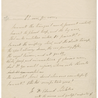 <div class="ira-title">Lines from act III, scene 3 of <i>Othello</i>, handwritten by Ira Aldridge, dated May 10, 1853</div>
<div class="ira-detail"><a href="https://www.folger.edu/" target="_blank" rel="noopener noreferrer">Folger Shakespeare Library, Washington, D.C.</a></div>
<div class="ira-reference"><a href="https://luna.folger.edu/luna/servlet/detail/FOLGERCM1~6~6~702519~149063" target="_blank" rel="noopener noreferrer">Y.d.250</a></div>
<div class="ira-comment">Othello remained a signature role for Aldridge. This passage is from act III, scene 3 of <i>Othello</i>, a dramatic scene in which Othello begins to abandon his former ideals, including his devotion to military heroism, after a villainous associate tells him falsely that Othello’s adored wife has been unfaithful. Aldridge hand-wrote this passage and addressed it to his friend Dr. Edmund Schebek, a lawyer and historian he had met in the Czech city of Prague. The actor autographed it “with the sincere and grateful respects of Ira Aldridge.”</div>
<div class="ira-comment">The text (<a href="http://www.folgerdigitaltexts.org/?chapter=5&play=Oth&loc=ftln-2002" target="_blank" rel="noopener noreferrer">lines 399–409</a>) reads:
<div class="ira-blockquote">
<div class="ira-verse" style="text-indent:10em;">O! now, forever</div>
<div class="ira-verse">Farewell the tranquil mind; farewell content;</div>
<div class="ira-verse">Farewell the plumed troop, and the big wars</div>
<div class="ira-verse">That make ambition virtue: O! farewell!</div>
<div class="ira-verse">Farewell the neighing steed, and shrill trump,</div>
<div class="ira-verse">The spirit-stirring drum, the ear piercing fife,</div>
<div class="ira-verse">The royal banner, and all quality, </div>
<div class="ira-verse">Pride, pomp, and circumstance of glorious war!</div>
<div class="ira-verse">And O! you mortal confines, whose rude throats</div>
<div class="ira-verse">The immortal Jove’s dead clamours counterfeit,</div>
<div class="ira-verse">Farewell! Othello’s occupation’s gone!</div>
</div></div>
<a href="https://www.chesapeakeshakespeare.com/ira/exhibit/ira-img-13" target="_blank" rel="noopener noreferrer"><div class="ira-osdlink"><img src="https://www.chesapeakeshakespeare.com/wp-content/uploads/openseadragon-small.png" style="width:32px;height:32px;">Zoom</div></a>