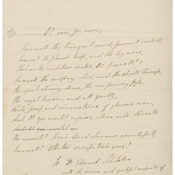 <div class="ira-title">Lines from act III, scene 3 of <i>Othello</i>, handwritten by Ira Aldridge, dated May 10, 1853</div>
<div class="ira-detail"><a href="https://www.folger.edu/" target="_blank" rel="noopener noreferrer">Folger Shakespeare Library, Washington, D.C.</a></div>
<div class="ira-reference"><a href="https://luna.folger.edu/luna/servlet/detail/FOLGERCM1~6~6~702519~149063" target="_blank" rel="noopener noreferrer">Y.d.250</a></div>
<div class="ira-comment">Othello remained a signature role for Aldridge. This passage is from act III, scene 3 of <i>Othello</i>, a dramatic scene in which Othello begins to abandon his former ideals, including his devotion to military heroism, after a villainous associate tells him falsely that Othello’s adored wife has been unfaithful. Aldridge hand-wrote this passage and addressed it to his friend Dr. Edmund Schebek, a lawyer and historian he had met in the Czech city of Prague. The actor autographed it “with the sincere and grateful respects of Ira Aldridge.”</div>
<div class="ira-comment">The text (<a href="http://www.folgerdigitaltexts.org/?chapter=5&play=Oth&loc=ftln-2002" target="_blank" rel="noopener noreferrer">lines 399–409</a>) reads:
<div class="ira-blockquote">
<div class="ira-verse" style="text-indent:10em;">O! now, forever</div>
<div class="ira-verse">Farewell the tranquil mind; farewell content;</div>
<div class="ira-verse">Farewell the plumed troop, and the big wars</div>
<div class="ira-verse">That make ambition virtue: O! farewell!</div>
<div class="ira-verse">Farewell the neighing steed, and shrill trump,</div>
<div class="ira-verse">The spirit-stirring drum, the ear piercing fife,</div>
<div class="ira-verse">The royal banner, and all quality, </div>
<div class="ira-verse">Pride, pomp, and circumstance of glorious war!</div>
<div class="ira-verse">And O! you mortal confines, whose rude throats</div>
<div class="ira-verse">The immortal Jove’s dead clamours counterfeit,</div>
<div class="ira-verse">Farewell! Othello’s occupation’s gone!</div>
</div></div>
<a href="https://www.chesapeakeshakespeare.com/ira/exhibit/ira-img-13" target="_blank" rel="noopener noreferrer"><div class="ira-osdlink"><img src="https://www.chesapeakeshakespeare.com/wp-content/uploads/openseadragon-small.png" style="width:32px;height:32px;"></div></a>