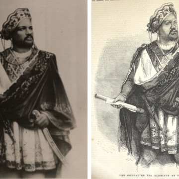 <div class="ira-detail" style="margin:0 0 3px 0;">left:</div>
<div class="ira-title">Ira Aldridge as Othello</div>
<div class="ira-detail">photograph; date and location unknown</div>
<div class="ira-detail"><a href="http://www.lodz.ap.gov.pl/" target="_blank" rel="noopener noreferrer">State Archives, Łódź, Poland</a></div>
<div class="ira-detail" style="margin:12px 0 3px 0;">right:</div>
<div class="ira-title">“The Chevalier Ira Aldridge as Othello”</div>
<div class="ira-detail">engraving; date unknown</div>
<div class="ira-detail"><a href="http://collections.shakespeare.org.uk/exhibition/exhibition/ira-aldridge-in-the-collections" target="_blank" rel="noopener noreferrer">Shakespeare Birthplace Trust, Stratford-upon-Avon</a></div>
<div class="ira-comment">These undated images again show Aldridge posing in costume for <i>Othello</i>. Although access to photography gradually increased during Aldridge’s lifetime, prints made from etchings or lithographs were often sharper and were easier for printers to mass-reproduce. Frequently, the engravers and printers placed less emphasis on reproducing a person’s face accurately than on capturing decorative details, and sometimes simply updated or re-used older generic templates. By the time the engraving was printed, Aldridge had been awarded a knighthood in Europe been granted use of the title “Chevalier.”</div>
<a href="https://www.chesapeakeshakespeare.com/ira/exhibit/ira-img-15a-15" target="_blank" rel="noopener noreferrer"><div class="ira-osdlink"><img src="https://www.chesapeakeshakespeare.com/wp-content/uploads/openseadragon-small.png" style="width:32px;height:32px;"></div></a>