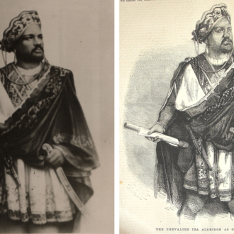 <div class="ira-detail" style="margin:0 0 3px 0;">left:</div>
<div class="ira-title">Ira Aldridge as Othello</div>
<div class="ira-detail">photograph; date and location unknown</div>
<div class="ira-detail"><a href="http://www.lodz.ap.gov.pl/" target="_blank" rel="noopener noreferrer">State Archives, Łódź, Poland</a></div>
<div class="ira-detail" style="margin:12px 0 3px 0;">right:</div>
<div class="ira-title">“The Chevalier Ira Aldridge as Othello”</div>
<div class="ira-detail">engraving; date unknown</div>
<div class="ira-detail"><a href="http://collections.shakespeare.org.uk/exhibition/exhibition/ira-aldridge-in-the-collections" target="_blank" rel="noopener noreferrer">Shakespeare Birthplace Trust, Stratford-upon-Avon</a></div>
<div class="ira-comment">These undated images again show Aldridge posing in costume for <i>Othello</i>. Although access to photography gradually increased during Aldridge’s lifetime, prints made from etchings or lithographs were often sharper and were easier for printers to mass-reproduce. Frequently, the engravers and printers placed less emphasis on reproducing a person’s face accurately than on capturing decorative details, and sometimes simply updated or re-used older generic templates. By the time the engraving was printed, Aldridge had been awarded a knighthood in Europe been granted use of the title “Chevalier.”</div>
<a href="https://www.chesapeakeshakespeare.com/ira/exhibit/ira-img-15a-15" target="_blank" rel="noopener noreferrer"><div class="ira-osdlink"><img src="https://www.chesapeakeshakespeare.com/wp-content/uploads/openseadragon-small.png" style="width:32px;height:32px;">Zoom</div></a>