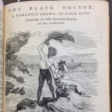<div class="ira-title">Published script of <i>The Black Doctor: A Romantic Drama in Four Acts</i>, adapted into English by Ira Aldridge</div>
<div class="ira-detail">Dicks’ Standard Plays, no. 460</br>
crown octavo booklet, approx. 7<sup>1</sup>⁄<sub>2</sub> in. high; 18 pages</br>
London: John Dicks, ca. 1883</div>
<div class="ira-detail"><a href="https://www.lib.umich.edu/special-collections-library" target="_blank" rel="noopener noreferrer">Special Collections Library, University of Michigan, Ann Arbor</a></div>
<div class="ira-reference"><a href="https://hdl.handle.net/2027/mdp.39015086872390?urlappend=%3Bseq=35" target="_blank" rel="noopener noreferrer">822.08 D554 v.1</a></div>
<div class="ira-comment">Aldridge was also a playwright. He created his adaptation of the romantic melodrama <i>The Black Doctor</i>, based on the contemporary French play <i>Le Docteur noir</i> by Auguste Anicet-Bourgeois, around 1847. Aldridge himself played “Fabian,” the Black Doctor, a former slave who uses both medical knowledge and heroic strength to save the lives of many neighbors, including a white aristocratic woman named Pauline. They fall in love but their happiness is doomed by her disapproving family, false imprisonment, madness, and a series of other misfortunes. Interracial marriage was a fascinating topic to English audiences. While interracial couples often faced prejudice, the English did not have laws like those in America that made interracial marriage illegal. The topic had special relevance to Aldridge. His first wife, Margaret, was a white woman from northern England; after her death, he married a white Swedish opera singer named Amanda.</div>
<a href="https://www.chesapeakeshakespeare.com/ira/exhibit/ira-img-17" target="_blank" rel="noopener noreferrer"><div class="ira-osdlink"><img src="https://www.chesapeakeshakespeare.com/wp-content/uploads/openseadragon-small.png" style="width:32px;height:32px;"></div></a>