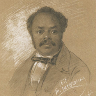 <div class="ira-title">Drawing of Ira Aldridge</div>
<div class="ira-detail">Taras Shevchenko (Ukrainian, 1814–1861)</div>
<div class="ira-detail">1858</div>
<div class="ira-detail">Italian and white pencil on stained paper, 13<sup>3</sup>⁄<sub>8</sub> × 10<sup>5</sup>⁄<sub>8</sub> in.</div>
<div class="ira-detail"><a href="http://www.infoukes.com/shevchenkomuseum/" target="_blank" rel="noopener noreferrer">Taras Shevchenko Museum, Toronto</a></div>
<div class="ira-comment">While in Russia Aldridge had his portrait drawn by the influential Ukrainian poet and artist Taras Shevchenko. The two became acquainted through their mutual friend Leo Tolstoy, author of <i>War and Peace</i> and <i>Anna Karenina</i>. This sort of “celebrity meets celebrity” interaction was not uncommon. For instance, after encountering Aldridge in Paris, Danish fairy tale author Hans Christian Andersen later wrote: “We shook hands and exchanged a few politenesses in English. I admit that it pleased me to have one of Africa’s gifted sons hail me as a friend.”</div>
<a href="https://www.chesapeakeshakespeare.com/ira/exhibit/ira-img-21" target="_blank" rel="noopener noreferrer"><div class="ira-osdlink"><img src="https://www.chesapeakeshakespeare.com/wp-content/uploads/openseadragon-small.png" style="width:32px;height:32px;">Zoom</div></a>