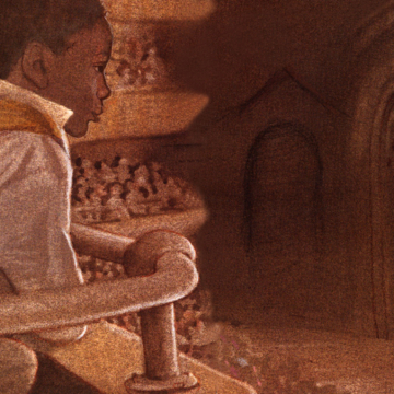 <div class="ira-title">Illustration from <i>Ira’s Shakespeare Dream</i> (detail)</div>
<div class="ira-detail">Floyd Cooper (American, b. 1956)</div>
<div class="ira-detail">ca. 2015</div>
<div class="ira-detail">oil wash on board</br>
from <i>Ira’s Shakespeare Dream</i> by Glenda Armand </br>
New York: Lee and Low Books, 2015</div>
<div class="ira-detail"><a href="https://www.leeandlow.com/books/ira-s-shakespeare-dream" target="_blank" rel="noopener noreferrer">courtesy Lee and Low Books</a></div>
<div class="ira-comment">Ira Aldridge continues to inspire. In her children’s book <i>Ira’s Shakespeare Dream</i>, published in 2015, Glenda Armand tells Aldridge’s story in a format designed for young readers. In this illustration from the book, Coretta Scott King Award–winning illustrator Floyd Cooper depicts young Ira Aldridge watching a Shakespeare performance from the balcony of the theatre. Although laws about racial segregation were still evolving in the early nineteenth century, Black patrons at New York’s Park Theatre, as at most other playhouses, were relegated to limited seats in upper levels. Aldridge would later go to Shakespeare performances at the influential, if short-lived, Black-owned African Grove Theatre nearby and perform with its troupe, The African Company, before heading overseas to shape his own future. </div>
<a href="https://www.chesapeakeshakespeare.com/ira/exhibit/ira-img-25" target="_blank" rel="noopener noreferrer"><div class="ira-osdlink"><img src="https://www.chesapeakeshakespeare.com/wp-content/uploads/openseadragon-small.png" style="width:32px;height:32px;"></div></a>