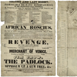 <div class="ira-title">Playbill, Dingwall Theatre, Scotland, May 1, 1840, with handwritten letter on reverse</div>
<div class="ira-detail"><a href="https://www.folger.edu/" target="_blank" rel="noopener noreferrer">Folger Shakespeare Library, Washington, D.C.</a></div>
<div class="ira-reference"><a href="https://luna.folger.edu/luna/servlet/view/search/where/BILL%2BBox%2BG5%2BD61ch%2B1840" target="_blank" rel="noopener noreferrer">BILL Box G5 D61ch 1840</a></div>
<div class="ira-comment">In Dingwall, Scotland, Aunt B. went to see Aldridge’s performance in 1840 and penned a letter on the back of a playbill to her niece, Miss M., in Westminster, London. The aunt wrote, “Witnessed the performance of Zanga last evening. The audience was respectable—but with the exception that he dressed and looked the Moor it was otherwise contemptible…” While Aldridge was successful with many audiences, there were always critics who lacked the ability to see Aldridge as anything more than a man of color, and preemptively denied any possibility that he might demonstrate a high level of artistry. </div>
<a href="https://www.chesapeakeshakespeare.com/ira/exhibit/ira-img-29r-29v" target="_blank" rel="noopener noreferrer"><div class="ira-osdlink"><img src="https://www.chesapeakeshakespeare.com/wp-content/uploads/openseadragon-small.png" style="width:32px;height:32px;">Zoom</div></a>