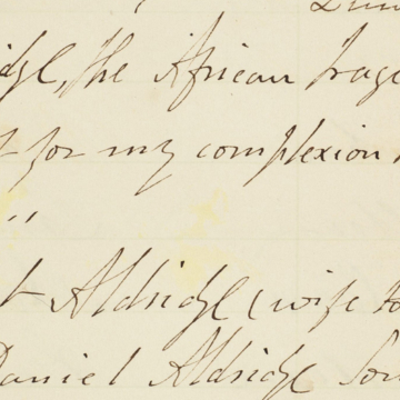 <div class="ira-title">Inscription by Ira Aldridge in the visitors’ book at Shakespeare’s birthplace, dated May 2, 1851</div>
<div class="ira-detail"><a href="http://collections.shakespeare.org.uk/exhibition/exhibition/ira-aldridge-in-the-collections" target="_blank" rel="noopener noreferrer">Shakespeare Birthplace Trust, Stratford-upon-Avon</a></div>
<div class="ira-reference"><a href="http://collections.shakespeare.org.uk/search/archive/dr1853-shakespeares-birthplace-visitors-books-stratford-upon-avon-091848-091889-item" target="_blank" rel="noopener noreferrer">DR185/3</a></div>
<div class="ira-comment">On the same day that he appeared at the old Royal Shakespearean Theatre in <i>The Black Doctor</i>, May 2, 1851, Aldridge signed the guest book during a visit to Shakespeare’s birthplace with his wife Margaret and son Ira Daniel Aldridge. Margaret’s home is listed as “London,” while Ira Aldridge notes his as Senegal, Africa, in keeping with his invented life story that he was a Senegalese prince in exile. Below his name he inscribed a line spoken by the character of the Prince of Morocco in act II of <i>The Merchant of Venice</i>: “<a href="http://www.folgerdigitaltexts.org/?chapter=5&play=MV&loc=ftln-0521" target="_blank" rel="noopener noreferrer">Mislike me not for my complexion, the shadowed livery of the burnish’d sun</a>.”</div>
<a href="https://www.chesapeakeshakespeare.com/ira/exhibit/ira-img-30-uncropped" target="_blank" rel="noopener noreferrer"><div class="ira-osdlink"><img src="https://www.chesapeakeshakespeare.com/wp-content/uploads/openseadragon-small.png" style="width:32px;height:32px;"></div></a>
