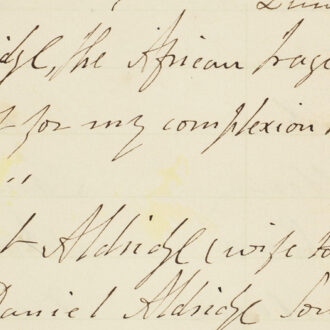 <div class="ira-title">Inscription by Ira Aldridge in the visitors’ book at Shakespeare’s birthplace, dated May 2, 1851</div>
<div class="ira-detail"><a href="http://collections.shakespeare.org.uk/exhibition/exhibition/ira-aldridge-in-the-collections" target="_blank" rel="noopener noreferrer">Shakespeare Birthplace Trust, Stratford-upon-Avon</a></div>
<div class="ira-reference"><a href="http://collections.shakespeare.org.uk/search/archive/dr1853-shakespeares-birthplace-visitors-books-stratford-upon-avon-091848-091889-item" target="_blank" rel="noopener noreferrer">DR185/3</a></div>
<div class="ira-comment">On the same day that he appeared at the old Royal Shakespearean Theatre in <i>The Black Doctor</i>, May 2, 1851, Aldridge signed the guest book during a visit to Shakespeare’s birthplace with his wife Margaret and son Ira Daniel Aldridge. Margaret’s home is listed as “London,” while Ira Aldridge notes his as Senegal, Africa, in keeping with his invented life story that he was a Senegalese prince in exile. Below his name he inscribed a line spoken by the character of the Prince of Morocco in act II of <i>The Merchant of Venice</i>: “<a href="http://www.folgerdigitaltexts.org/?chapter=5&play=MV&loc=ftln-0521" target="_blank" rel="noopener noreferrer">Mislike me not for my complexion, the shadowed livery of the burnish’d sun</a>.”</div>
<a href="https://www.chesapeakeshakespeare.com/ira/exhibit/ira-img-30-uncropped" target="_blank" rel="noopener noreferrer"><div class="ira-osdlink"><img src="https://www.chesapeakeshakespeare.com/wp-content/uploads/openseadragon-small.png" style="width:32px;height:32px;">Zoom</div></a>